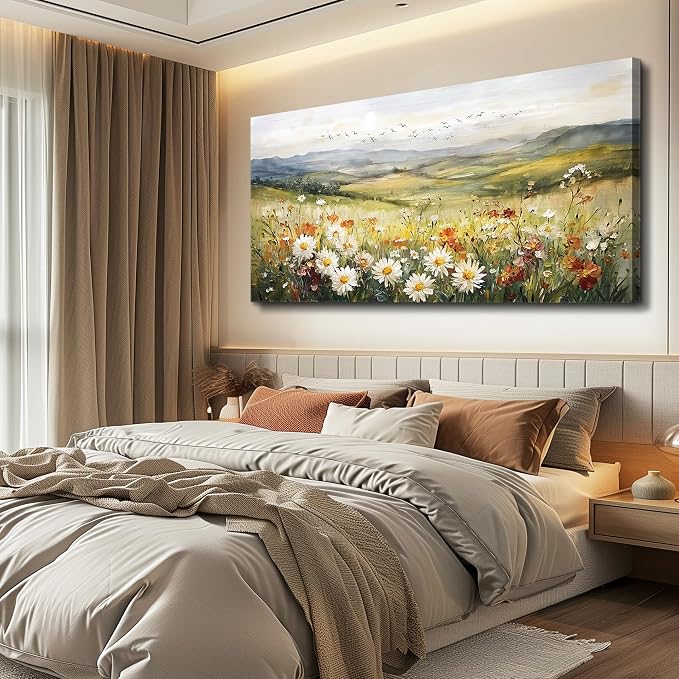 FUHAIHUA Large Framed Wall Decor For Living Room Canvas Wall Art For Office Farmhouse Wall Decorations For Bedroom Prairie Flowers Landscape Paintings Modern Pictures Artwork Home Decor 24" x 48"