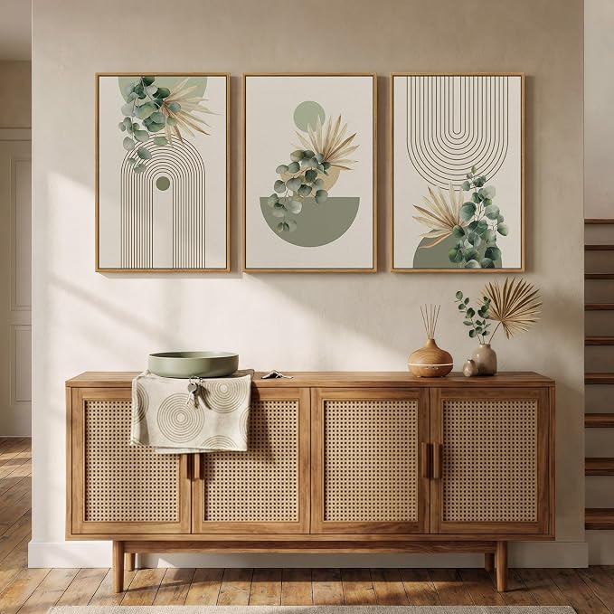 Framed Green Boho Wall Art for Living Room, 3 Piece Bohemian Botanical Canvas Painting Prints, Modern Geometric Eucalyptus Leaf Large Pictures for Bedroom Dining Room Office Wall Decor, 16x24 Inch