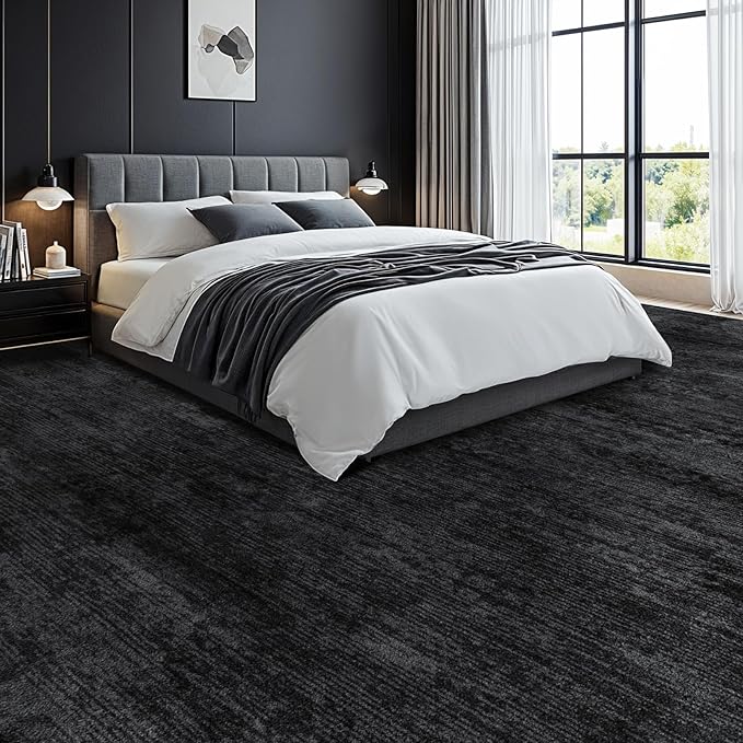 LIANLAM 10x12 Washable Rug, Black Solid Area Rugs for Living Room & Bedroom | Stain-resistant & Non-slip backing,Low Pile Washable Large Carpet, Solid Vintage Style For High Traffic Areas(10x12,Black)