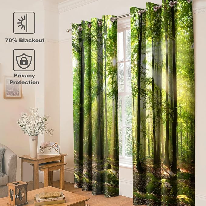 Jekeno Forest Blackout Curtains - Green Tree in Bright Sunshine Pathway in The Mountains Jungle Nature Scenery Decor Home Bedroom Living Room Darkening Grommet Window Drapes 2 Panel Set,52x84 in