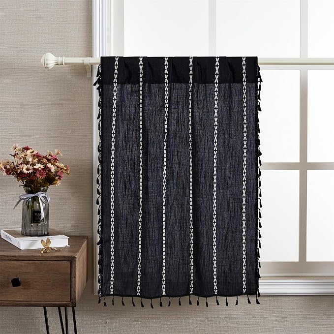 RoomTalks Black Boho Kitchen Curtains 36 Inch Length French Striped Modern Farmhouse Vintage Chic Gothic Moody Short Cafe Curtains for Small Window Kitchen Bathroom