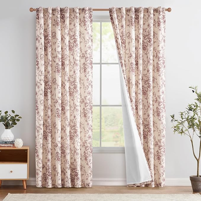 jinchan Lined Linen Blend Curtain Floral Curtains for Living Room 84 Inches Long Farmhouse Red Flower Printed Curtain Rod Pocket Back Tab Peony Patterned Drapes Curtains Set 2 Panels
