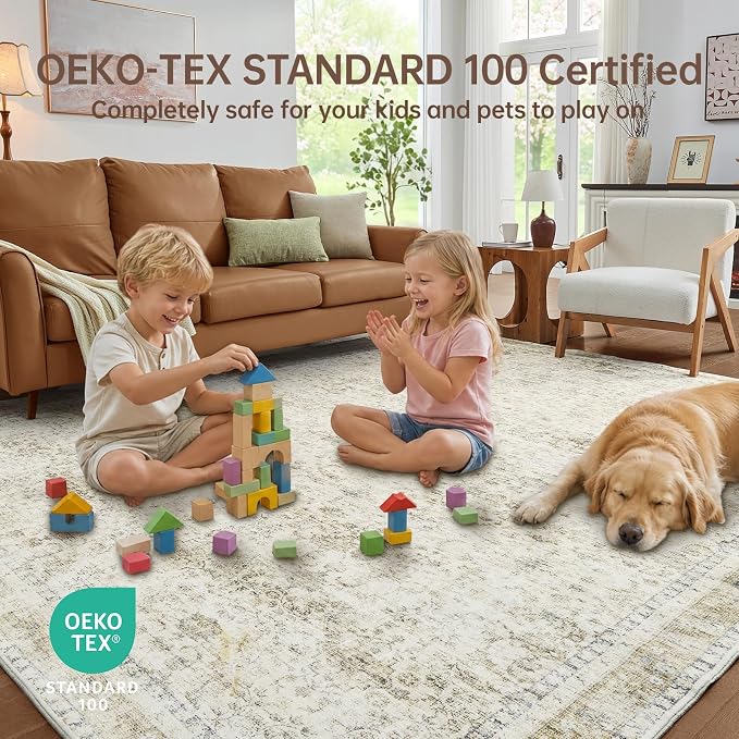 Sasttie 9x12 Area Rug, Ultra-Soft Washable Rug, Low Pile Foldable Thin Carpets with Non-Slip Backing, Skin-Friendly Stain Resistant Carpet for Living Room, Bedroom, Kitchen, Dorm, 9x12, Beige