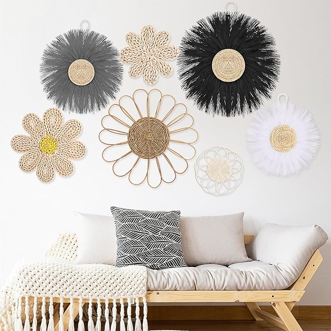 Chunful 7 Pcs Boho Wall Basket Decor Rattan Flower Wall Decor Nursery Daisy Flower Woven Macrame Hanging Flowers for Baby Kids Girls Farmhouse Bedrooms Living Rooms Kitchen Home(Light Grey)