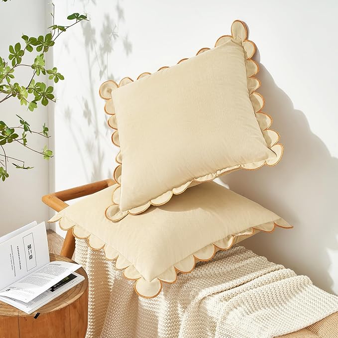 MONDAY MOOSE Decorative Throw Pillow Covers Cushion Cases, Set of 2 Soft Velvet Scalloped Round Edge Designs, Mix and Match for Home Decor, Pillow Inserts Not Included (20x20 inch, Cream)