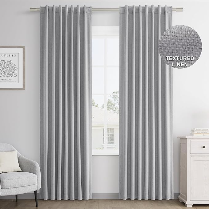 Joywell 100% Blackout Linen Curtains 80 Inches Long for Bedroom Black Out Curtain 2 Panel Set Rod Pocket Back Tab Room Darkening Drapes for Dining Room Office Window 52 x 80,Light Gray