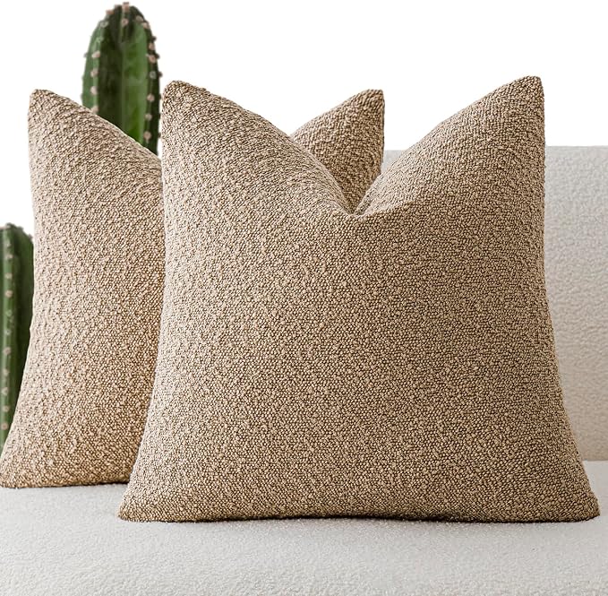 Foindtower Pack of 2 Textured Boucle Throw Pillow Covers Accent Solid Pillow Cases Cozy Soft Decorative Couch Cushion Case for Chair Sofa Bedroom Living Room Home Decor, 18 x 18 Inch,Camel