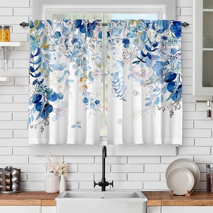 Blue Eucalyptus Leaves Kitchen Curtains Watercolor Plant Floral Curtains 39 Inches Spring Summer Blue and White Cafe Small Drapes Farmhouse for Bathroom RV Camper Light Filtering Rod Pocket 2 Panels
