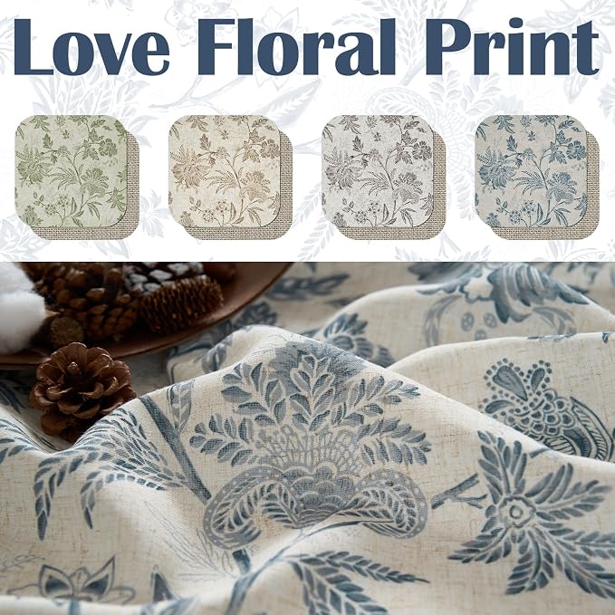 jinchan Floral Valance Curtain Linen Kitchen Valance for Windows 16 Inch Farmhouse Light Filtering Floral Short Window Treatment for Living Room 1 Panel Rod Pocket Double Layer Blue on Beige