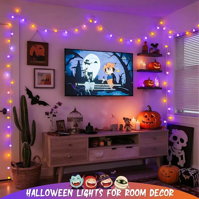 JMEXSUSS 100 LED Globe Orange and Purple Halloween Lights Indoor Remote | 33ft Connectable Christmas Lights Outdoor, 8 Modes Plug in Orange and Purple String Lights for Bedroom Room Party Decor