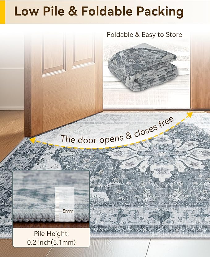 RELEANY Area Rugs Runner 2'x6' Washable Non-Slip, Floral Vintage Distress Medallion Carpet for Kitchen Hallway Bedroom Beside Laundry Room Bathroom, Light Gray Grey White