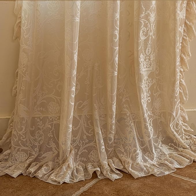 TUDECO Beige Lace Curtains for Bedroom - Floral Sheer Boho Crochet Curtains 63 Inch Length, Natural Ruffle Short Rod Pocket Light Filtering Window Treatment Grandma Core Decor, 59 x 63 Inch