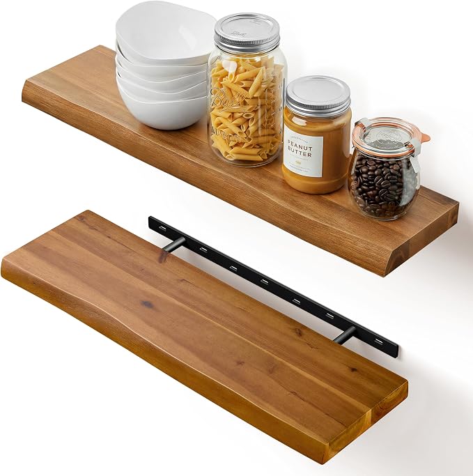 BATODA 24" Wooden Live Edge Floating Shelves for Wall, Book Shelf Set of 2 | Acacia Wood, 100 Lbs Capacity, Wall Mounted, Hidden Steel Brackets, Hardware Included, Used for Bathroom, Bedroom, Kitchen