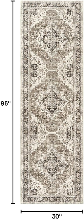 Roxstand Washable 2.6x8 Hallway Runner Rug, Brown/Beige | low-pile carpet, non-slip backing,8ft runner, stain resistant, runner for kitchen, laundry room, entryway,vintage design