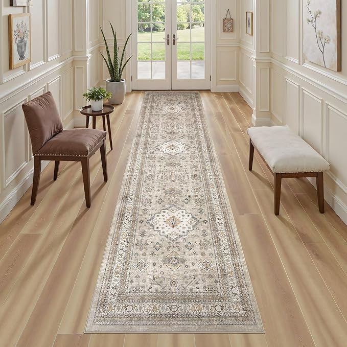 Vintage Hallway Runner Rug 2x6: Large Soft Washable Entryway for Kitchen Laundry Room Non-Slip Backing Runner for Entrance Living Room Bedroom Bathroom - Beige