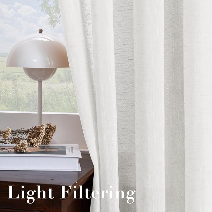 H.VERSAILTEX White Linen Curtains Flax Linen Blended Curtain Panels for Living Room/Bedroom Semi Sheer Privacy Curtains 63 inch Length 2 Panels Set Nickel Grommet Window Drapes, White