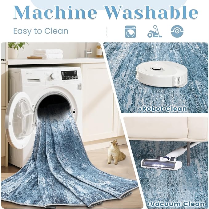 Washable Rug 9x12 Area Rugs for Living Room: Large Neutral Soft Rug Abstract Non Slip Low Pile Modern Carpet for Bedroom Kitchen Nursery Office Dining Room Indoor (Darkblue, 9'x12')