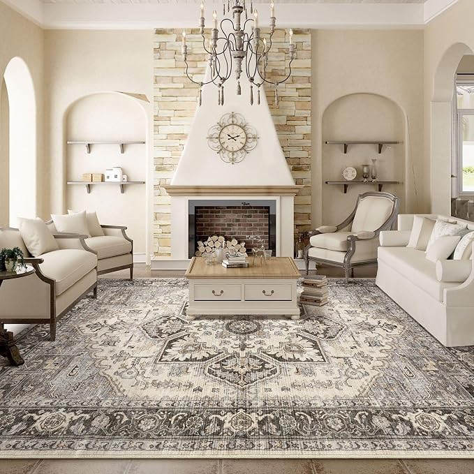 8x11 Area Rugs for Living Room - Large Carpet Ultra Thin Soft Washable Oriental Vintage Floral Distressed Rug Big Indoor Carpets for Bedroom Nursery Dorm Home Decor Aesthetic - Grey Brown