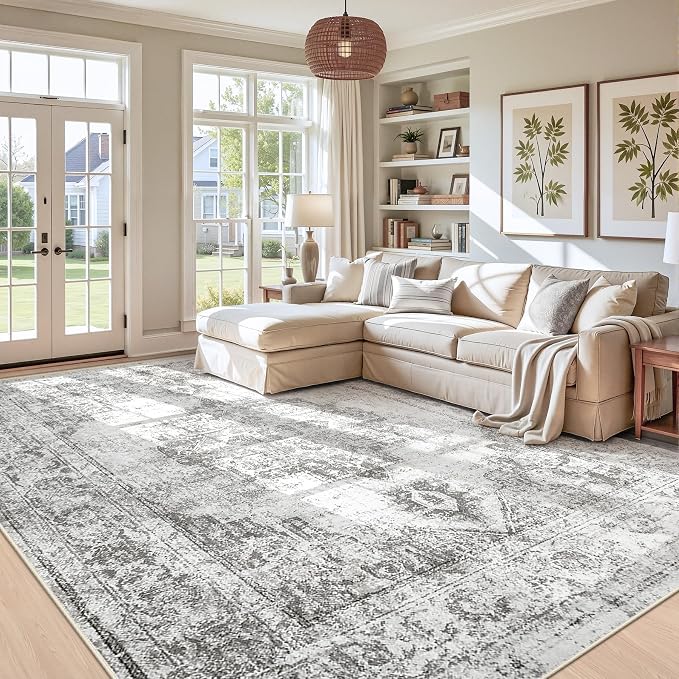 Area Rug 9x12 Vintage Rugs: Large Washable Indoor Medallion Rug Low Pile Distressed Floor Carpet Retro Accent Rugs for Living Room Bedroom Kitchen Dining Table Home Office(Grey, 9'x12')