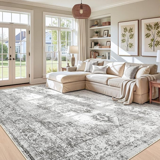 Area Rug 9x12 Vintage Rugs: Large Washable Indoor Medallion Rug Low Pile Distressed Floor Carpet Retro Accent Rugs for Living Room Bedroom Kitchen Dining Table Home Office(Grey, 9'x12')