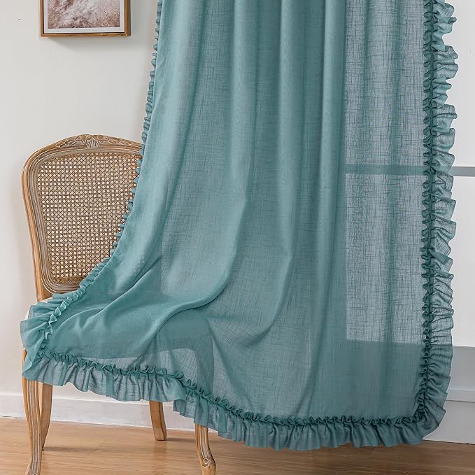 TERLYTEX Stone Blue Ruffle Curtains 84 Inches Long 2 Panels, 58 x 84 Inch, Linen Textured Flowy Window Curtains for Living Room Bedroom Rod Pocket Privacy Light Filtering Semi-Sheer Ruffled Curtain