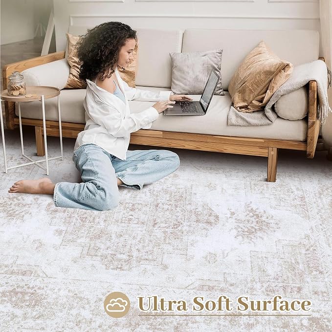 XLUEZ Runner Rug 2x6 Vintage Rugs, Machine Washable Kitchen Runner Retro Medallion Distressed Rug Non-Slip Soft Low Pile Hallway Rugs for Entryway Bedroom Bathroom Laundry(Beige,2'x6')