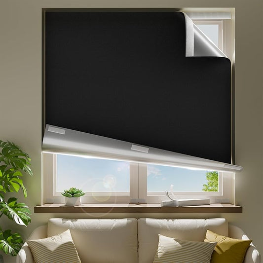 17" W x 48" L 100% Portable Blackout Curtains, Total Darkness No-Drill Black Out Window Cover,Temporary Blackout Shades with Hook & Loop Tape, for Bedroom, Nursery, Dorm, Travel (Black)