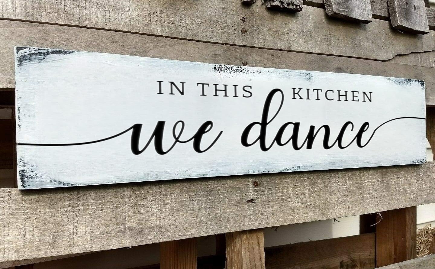 in This Kitchen We Dance Sign, Rustic Farmhouse Wood Wall Hanging Kitchen Plaque Decorations, Kitchen Sign Decor for Dinning Room (Dance) 4x16 Inch