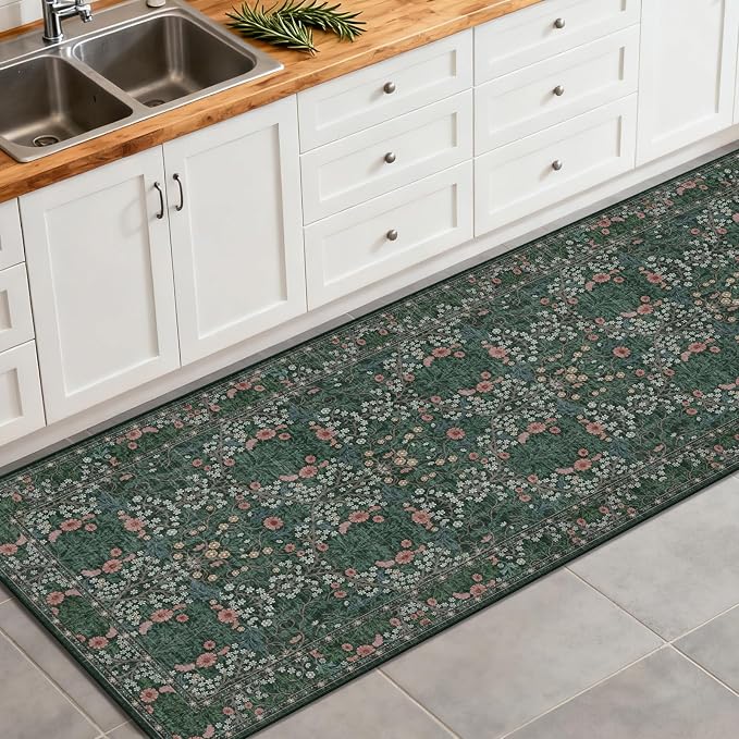 Washable 2'6" x 10' Runners for Hallways, Non Slip Long Floor Runner for Kitchen, Entryway Indoor, Stain Resistant Rubber Backing Floral Decor Rug (Green)