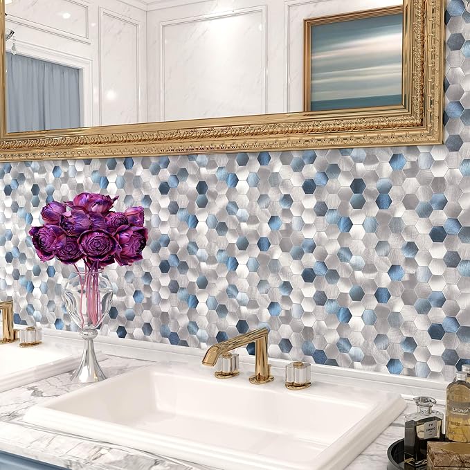 BeNice Peel and Stick Backsplash Hexagon for Kitchen 3D Adhesive Metal Wall Tile Stickers 10pcs Blue
