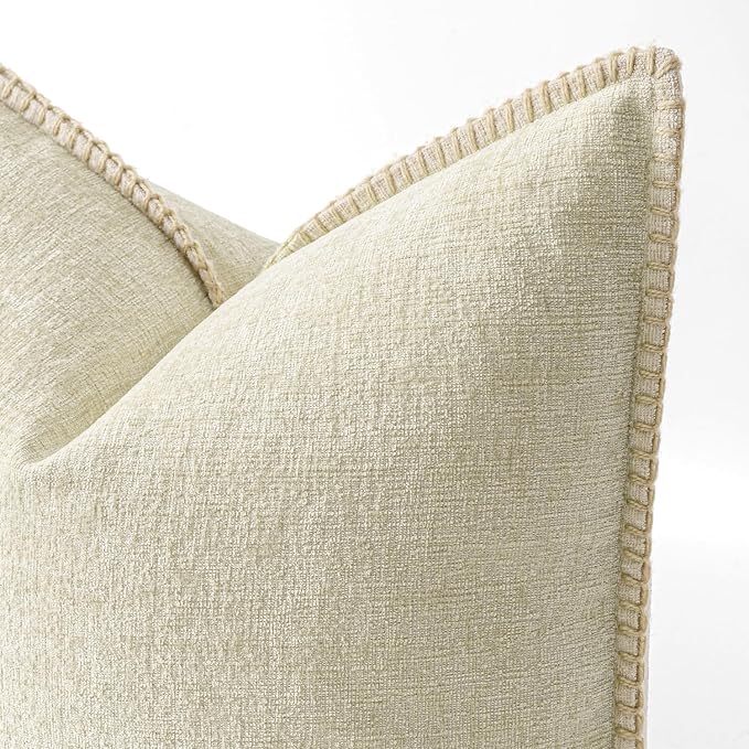 MIULEE Pack of 2 Pillow Covers 16x16 Inch Cream White Farmhouse Decorative Throw Pillow Covers with Stitched Edge Soft Chenille Solid Dyed Couch Pillow Covers for Sofa Bed Living Room