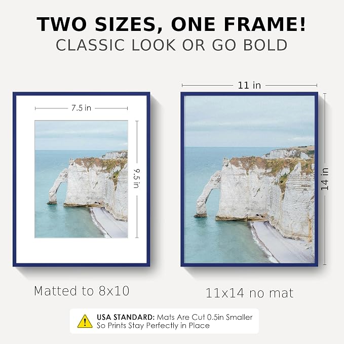 11x14 Picture Frame for 8x10 Photo, Minimalist Aluminum Frame, Navy Blue | Sleek Metal Frame for Wall, Desk & Gift | Shatterproof Glass & Hardware