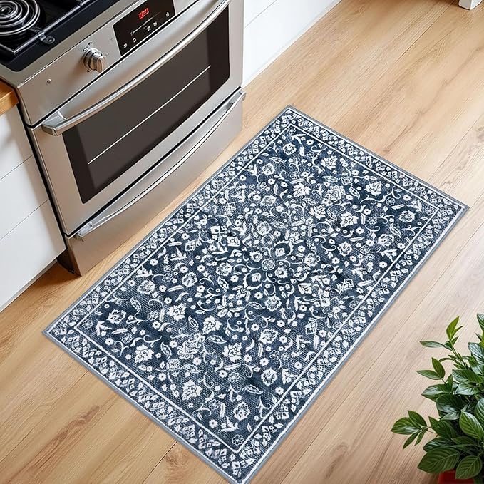 Vintage Entryway Rug Indoor, Navy Washable Rug 2x3, Small Area Rug with Non-Slip Backing, Floral Print, Thin Faux Wool Super Soft Door Mat for Kitchen, Entrance, Bedroom, Office