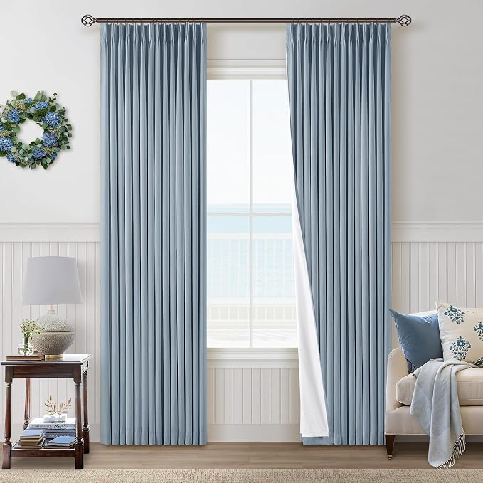 Blue Grey Pinch Pleated Full Blackout Curtains Linen Blend Room Darkening Window Curtains 80 Inch for Living Room Bedroom Thermal Insulated Back Tab Pinch Pleat Drapes with Hooks Rings 2 Panels