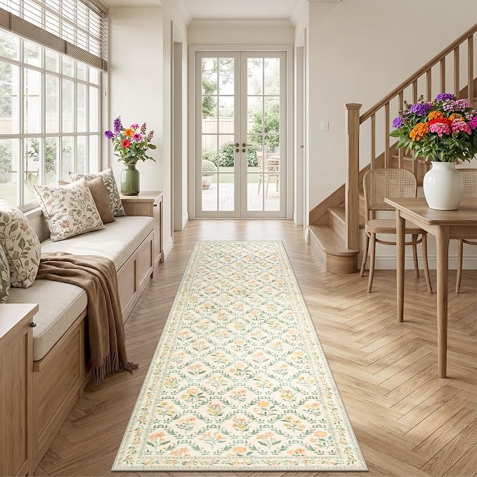 Runner Rug for Entryway: 3x10 Kitchen Rugs Non Slip Washable Ultra-Thin Soft Floral Carpet Indoor Floor Stain Resistant Carpets for Hallway Bedroom Kitchen Laundry Bathroom Dorm Beige/Multi