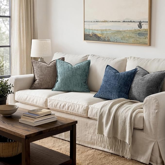 MIULEE Slubby Textured Decorative Throw Pillow Covers 18x18 Inch Set of 2 Boho Farmhouse Soft Cozy Chenille Pillows Cushion Cases Modern Coastal Home Decor for Couch Sofa Bed Living Room, Navy Blue