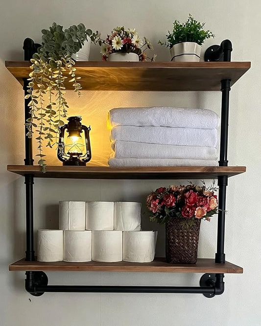 ROGMARS Industrial Floating Pipe Wall Shelves with Towel Rack 30 Inch | Industrial Pipe Shelving Rustic Coffee Bar Storage Wall Mounted Shelves For Living Room,Bathroom ,Kitchen,Laundry Room 3 Tier
