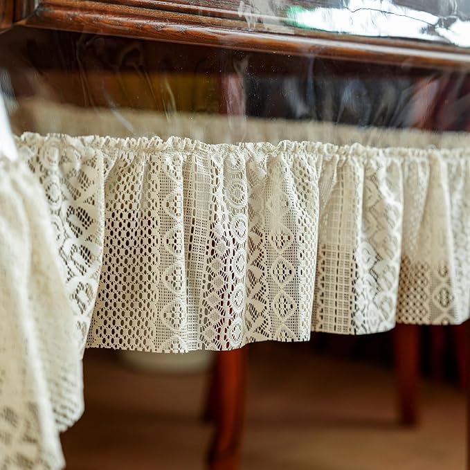 SUTAVIA Clear PVC Tablecloth Lace Ruffle Edge Transparent Oilproof Rectangular Table Protector for Dining Table Kitchen Home Party Outdoor Picnic (Cream Ruffle, Oblong, 60"x84")