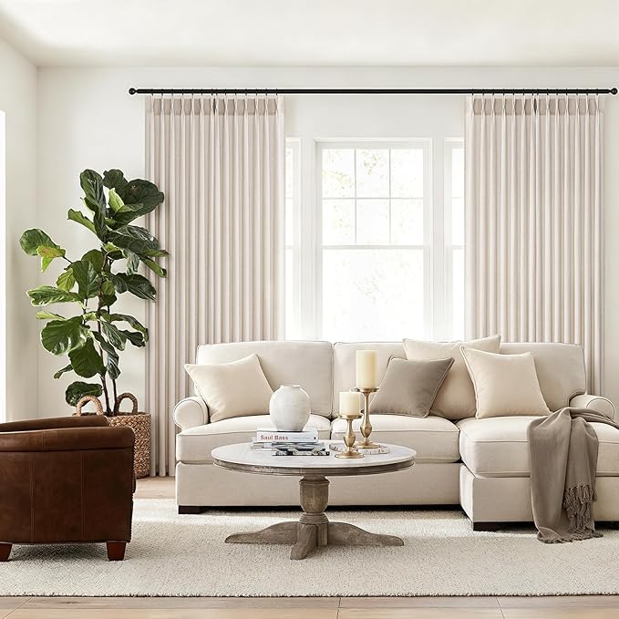 Topfinel 108 Inch Pinch Pleated Linen Curtains 2 Panels,Ivory Beige Semi Sheer Curtains with Pleated Hooks Back Tab for Track System,Extra Long 9ft Curtain for Living Room Bedroom,40x108