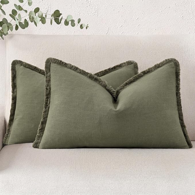 decorUhome Linen Fringe Lumbar Throw Pillow Covers Set of 2 Decorative Olive Green Pillow Covers with Tassels Soft Accent Boho Farmhouse Pillow Cases for Couch Bed Sofa 12x20 Inch