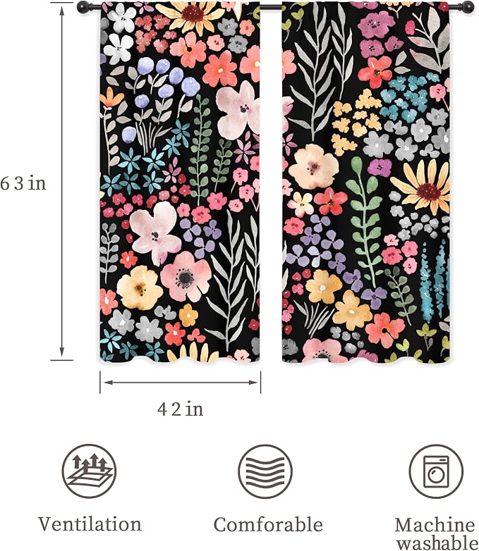 Riyidecor Black Floral Curtains Cute Boho Wildflower Watercolor Flower Blossom Plant Leaves Herbs Rod Pocket Natural Botanical Girls Bedroom Living Room Treatment Fabric 2 Panels 42Wx63H Inch