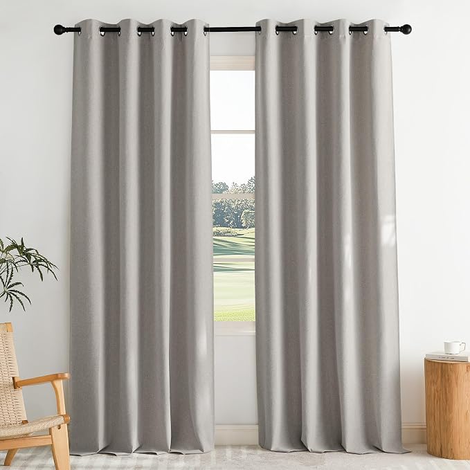 NICETOWN 100% Blackout Faux Linen Curtains for Living Room, 52" W, 2 PCs, Silver Grey, 96" Long Drapes Sweep The Floor Decorative Keep Privacy Panels for Living Room/Villa