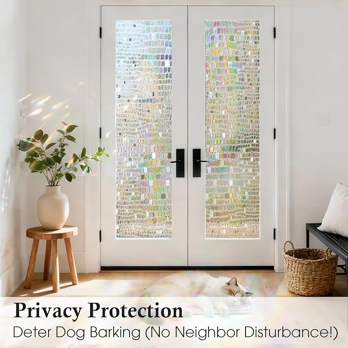 Windimiley Rainbow Window Privacy Film, 3D Stained Glass Christmas Decorative Window Clings, UV Heat Blocking Holographic Prism Stickers for Home(23.6 x 157.5In,Pure)