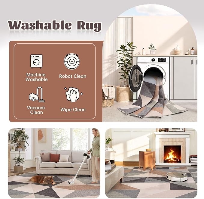 Washable Rug 6x9 Area Rugs: Modern Geometric Area Rug for Living Room Non-Slip Neutral Soft Carpet Low Pile Stain Resistant Indoor Rugs for Bedroom Nursery Dining Room Office (Beige Brown, 6'X9')