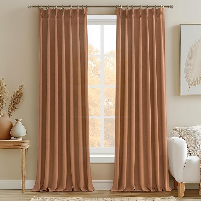 PleatedDrapes Terracotta Linen Curtains 102 Inches Long for Living Room 2 Panels Set, Western Fall Window Light Filtering Boho Curtains Pinch Pleated Track & Back Tab Rust Dark Orange Semi Sheer