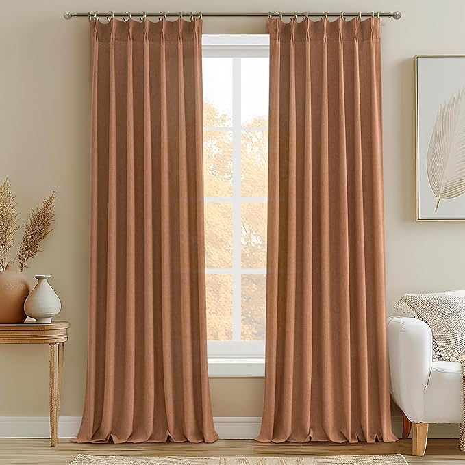 Terracotta Soft Thick Linen Curtains 120 Inches Long for Living Room, Farmhouse Burnt Orange Curtains Light Filtering for Bedroom/Dining Room Western Semi Sheer Pleat Memory Shape Drapes 2 Panels Set
