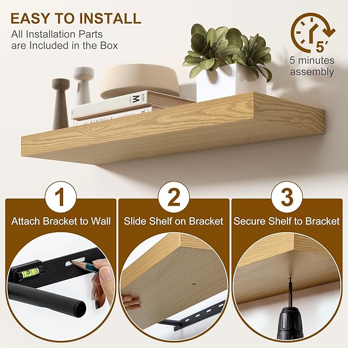 Fun Memories Floating Shelves for Wall, 40Inch Floating Shelves Set of 2, Hanging Shelf with Invisible Brackets, Wood Shelves for Living Room, Bedroom, Kitchen, Oak