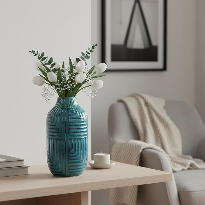 hjn Teal Hand-Glazed Ceramic Vase - 10.6" H Modern Decorative Centerpiece Vase for Fresh/Dried Flowers, Home Decor for Living Room Bookshelf Mantel | Wedding Housewarming Gift