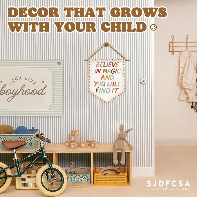Boho Nursery Inspirational Wall Art Decor, Kids Room Decor, Believe in Magic and You Will Find It Boho Wall Hanging Display Pennant Flag for Kids Boy Girl Nursery Room Bedroom Playroom
