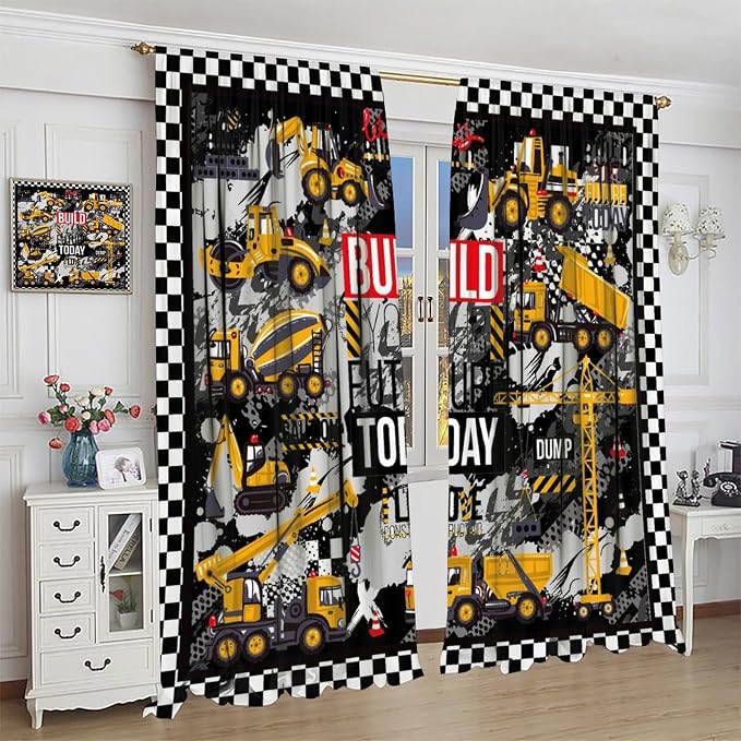 Cartoon Car Blackout Curtain,Boys Kids Construction Vehicles Truck Black White Checkered Window Curtains Kitchen Bedroom Cafe Dining Room Office Living Room Drapes Decor, 42x45 in